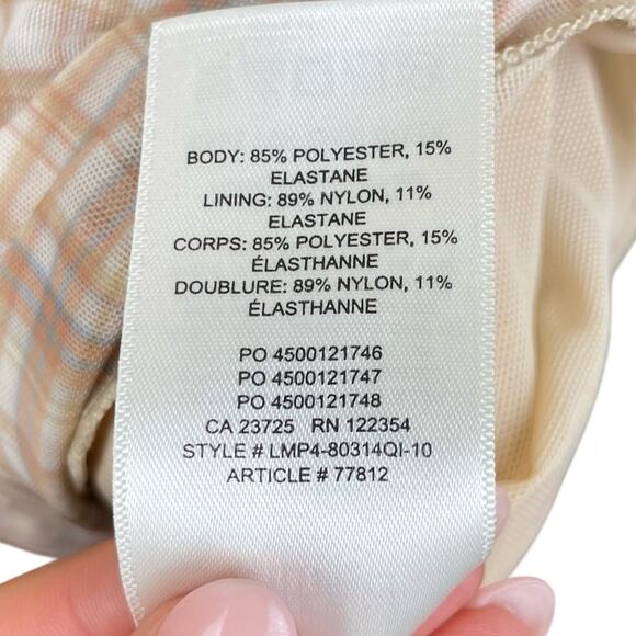 Wilfred Tan Plaid Tie Spaghetti Strap Ruched Side V-Neck Lined Bodycon Dress - Picture 8 of 8